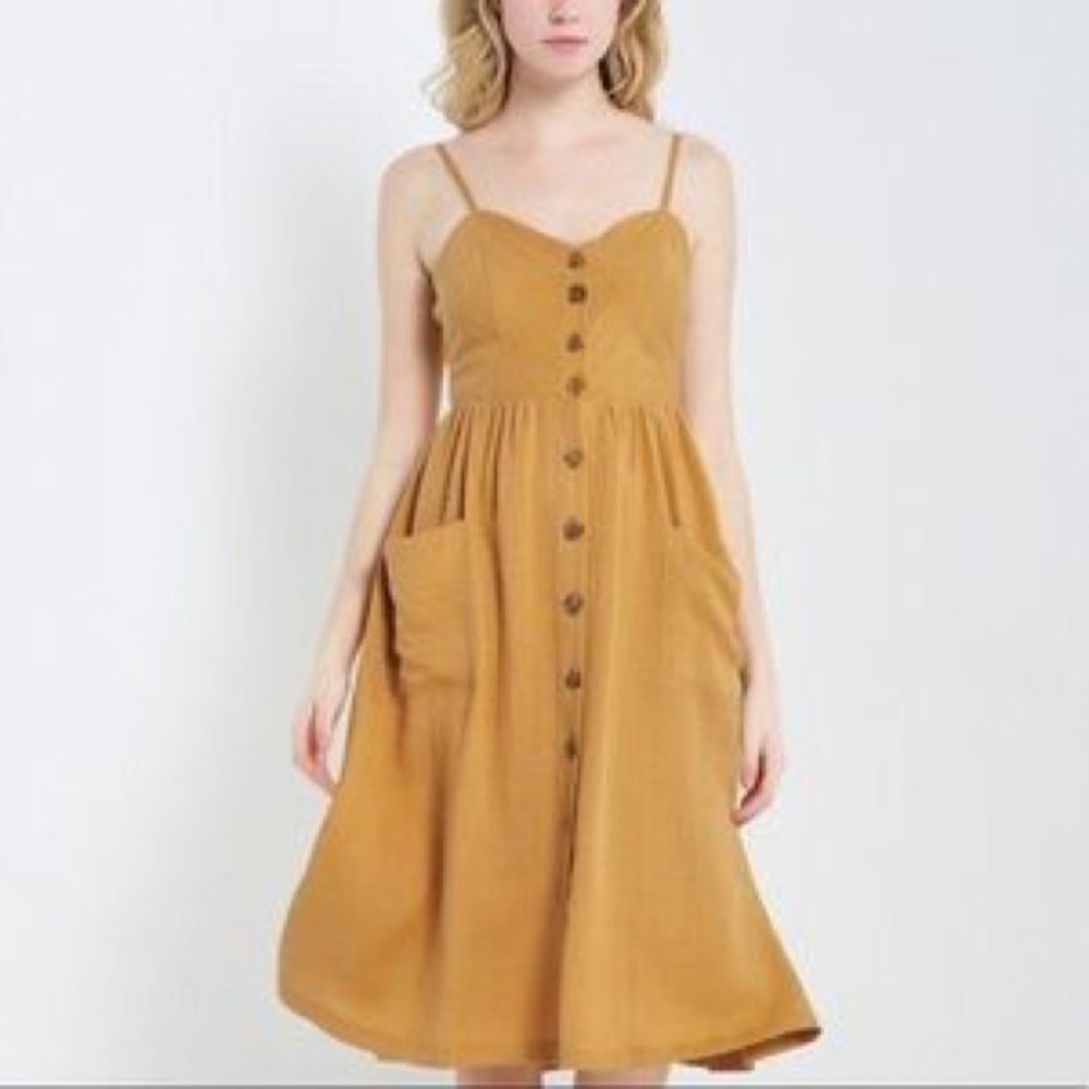 WILD FIRE Yellow Linen Summer midi Dress with Wooden Buttons